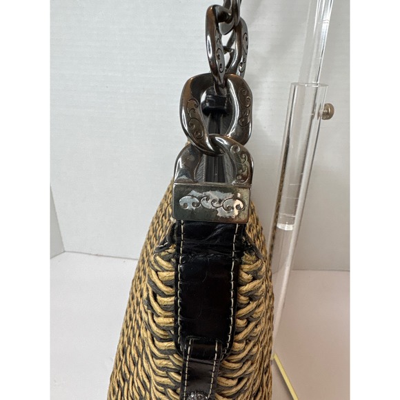 Brighton Woven Straw Hobo Shoulder Bag Brown Croc Leather Trim Silver Chain Trim - Picture 4 of 10
